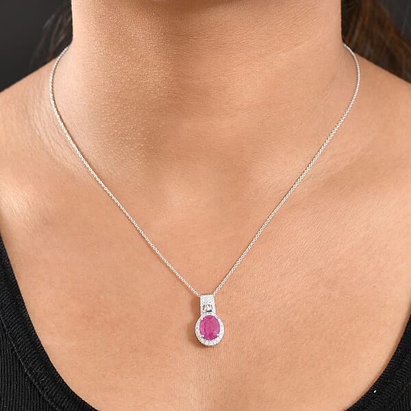 Luxoro AAA Montepuez Ruby And G-H I2 Diamond 3.40 Ctw Classic Halo Pendant Necklace In 10K White Gold 20 Inches