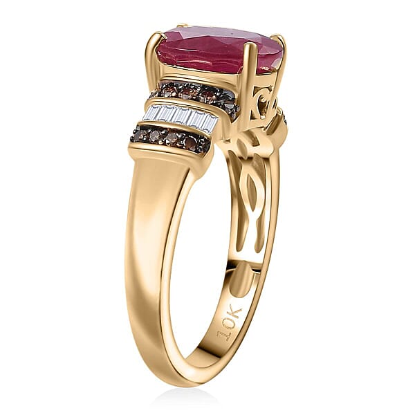 Luxoro AAA Montepuez Ruby And Natural Champagne And White Diamond I2 3.05 Ctw Heirloom Floral Blaze Ring In 10K Yellow Gold
