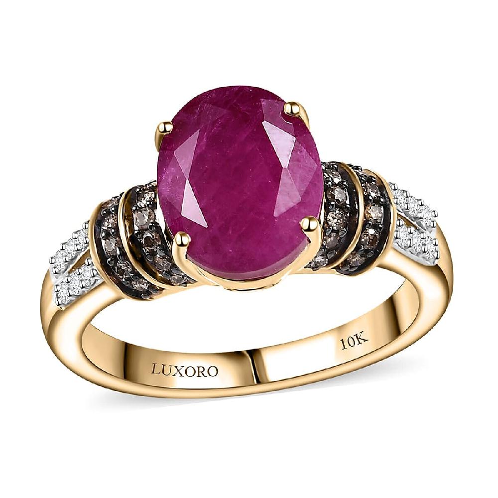 Luxoro AAA Montepuez Ruby Boyaca Colombian Emerald Natural Champagne and White Diamond I2 4.75 ctw Crimson Luxe Ring in 10K Yellow Gold (Size 6.0)