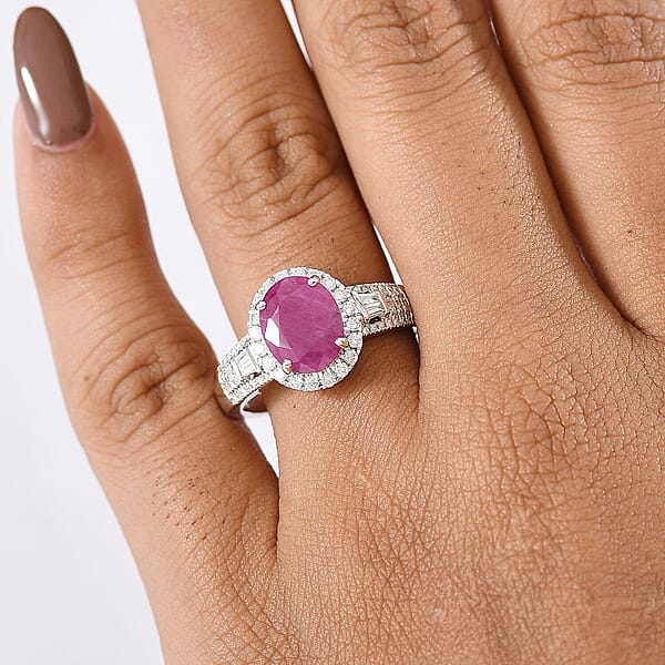 Luxoro AAA Montepuez Ruby Diamond Halo Ring In 10K White Gold 3.50 Ctw