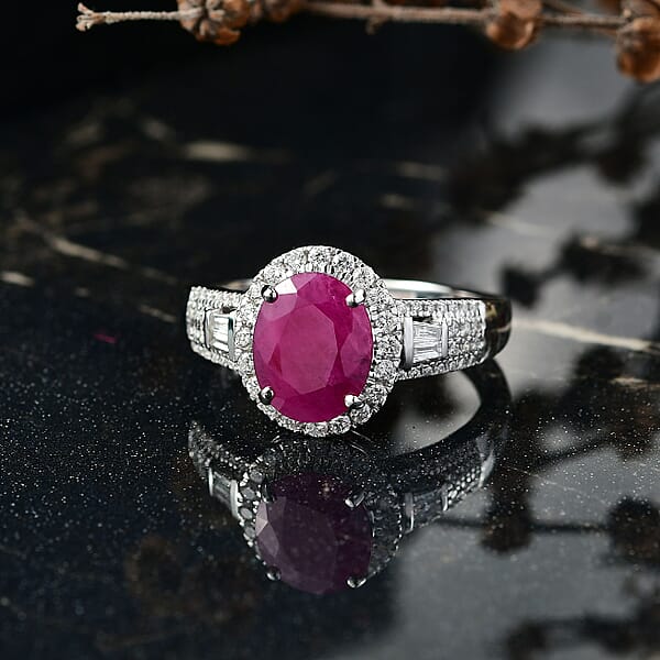 Luxoro AAA Montepuez Ruby Diamond Halo Ring In 10K White Gold 3.50 Ctw