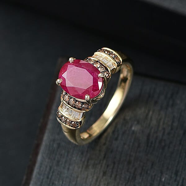 Luxoro AAA Montepuez Ruby Natural Champagne And White Diamond Ring In 10K Yellow Gold 3.05 Ctw