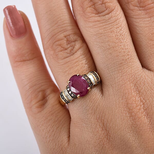 Luxoro AAA Montepuez Ruby Natural Champagne And White Diamond Ring In 10K Yellow Gold 3.05 Ctw