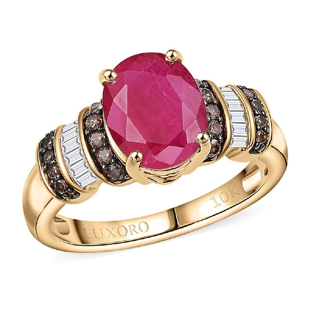 Luxoro AAA Montepuez Ruby Natural Champagne and White Diamond Ring in 10K Yellow Gold 3.05 ctw