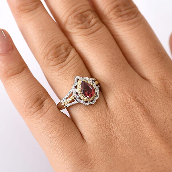 Luxoro AAA Morro Redondo Pink Tourmaline I2 Natural Yellow And White Diamond 1.70 Ctw Blushfire Ring In 10K White Gold 4.60 Grams (Del. In 10-12 Days)