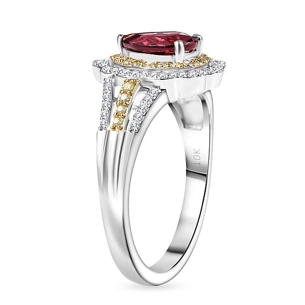 Luxoro AAA Morro Redondo Pink Tourmaline I2 Natural Yellow And White Diamond 1.70 Ctw Blushfire Ring In 10K White Gold 4.60 Grams (Del. In 10-12 Days)