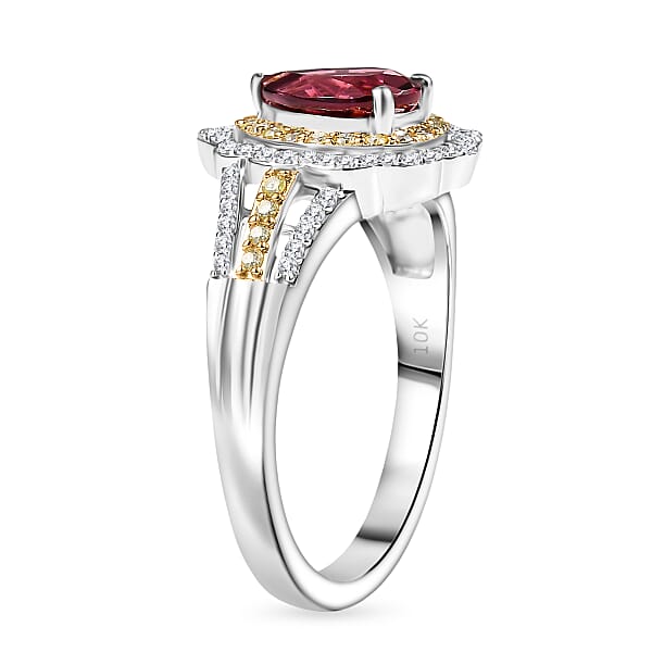 Luxoro AAA Morro Redondo Pink Tourmaline I2 Natural Yellow And White Diamond 1.70 Ctw Blushfire Ring In 10K White Gold 4.60 Grams