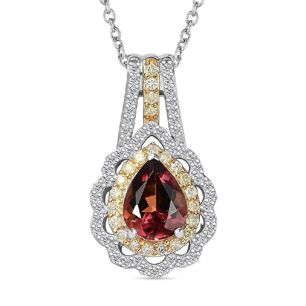 Luxoro AAA Morro Redondo Pink Tourmaline I2 Natural Yellow and White Diamond 1.40 ctw Blushfire Pendant Necklace in 10K White Gold 18 Inches