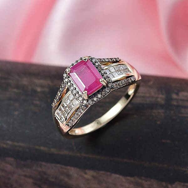Luxoro AAA Mozambique Ruby Natural Champagne Diamond Bridge Ring In 10K Yellow Gold 2.00 Ctw
