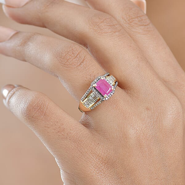 Luxoro AAA Mozambique Ruby Natural Champagne Diamond Bridge Ring In 10K Yellow Gold 2.00 Ctw