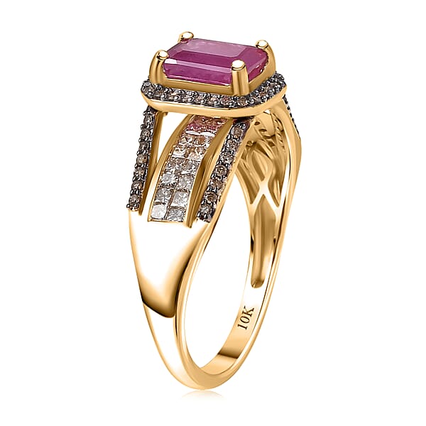 Luxoro AAA Mozambique Ruby Natural Champagne Diamond Bridge Ring In 10K Yellow Gold 2.00 Ctw