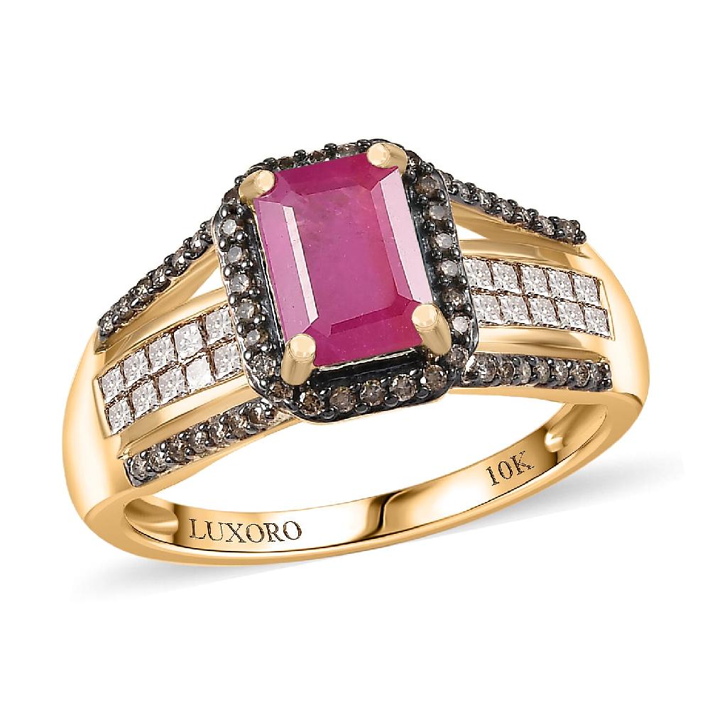Luxoro AAA Mozambique Ruby Natural Champagne Diamond Bridge Ring In 10K Yellow Gold 2.00 Ctw