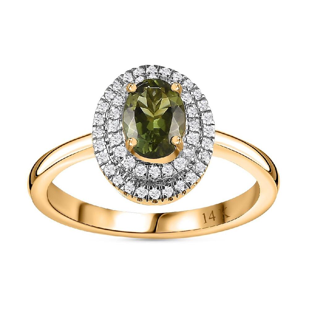 Luxoro AAA Natural Arikanga Green Tourmaline and G-H I2 Diamond 1.00 ctw Double Halo Ring in 14K Green Gold