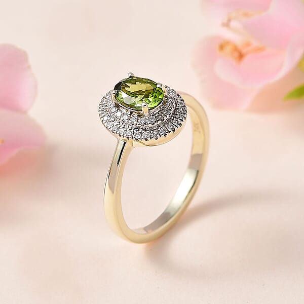 Luxoro AAA Natural Arikanga Green Tourmaline Diamond Double Halo Ring In 14K Green Gold 1.00 Ctw