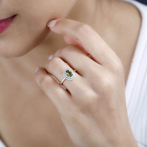 Luxoro AAA Natural Arikanga Green Tourmaline Diamond Double Halo Ring In 14K Green Gold 1.00 Ctw