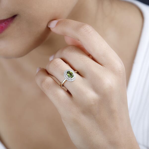Luxoro AAA Natural Arikanga Green Tourmaline Diamond Double Halo Ring In 14K Green Gold 1.00 Ctw