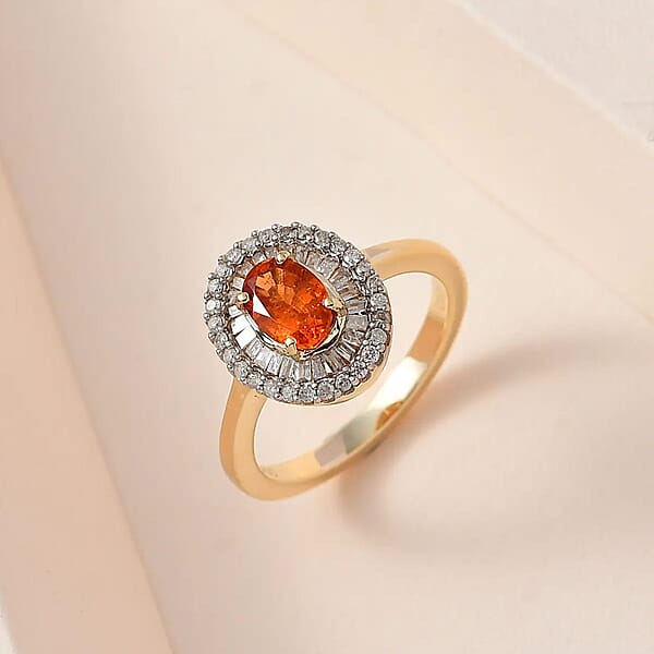 Luxoro AAA Nigerian Spessartite Garnet And Diamond 1.55 Ctw Double Halo Ring In 10K Yellow Gold