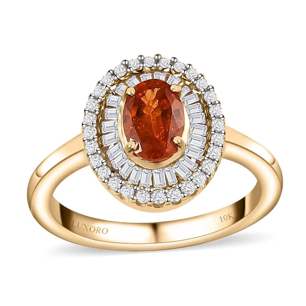 Luxoro AAA Nigerian Spessartite Garnet and Diamond 1.55 ctw Double Halo Ring in 10K Yellow Gold