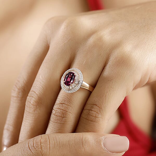 Luxoro AAA Ouro Fino Rubellite And G-H I2 Diamond 1.90 Ctw Double Halo Ring In 10K Rose Gold 4.25 Grams