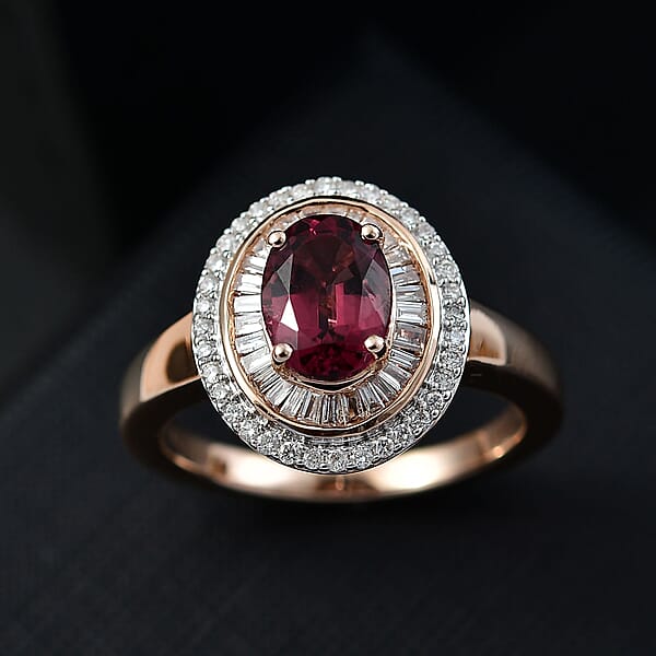 Luxoro AAA Ouro Fino Rubellite And G-H I2 Diamond 1.90 Ctw Double Halo Ring In 10K Rose Gold 4.25 Grams