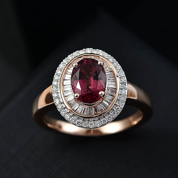 Luxoro AAA Ouro Fino Rubellite And G-H I2 Diamond 1.90 Ctw Double Halo Ring In 10K Rose Gold 4.25 Grams