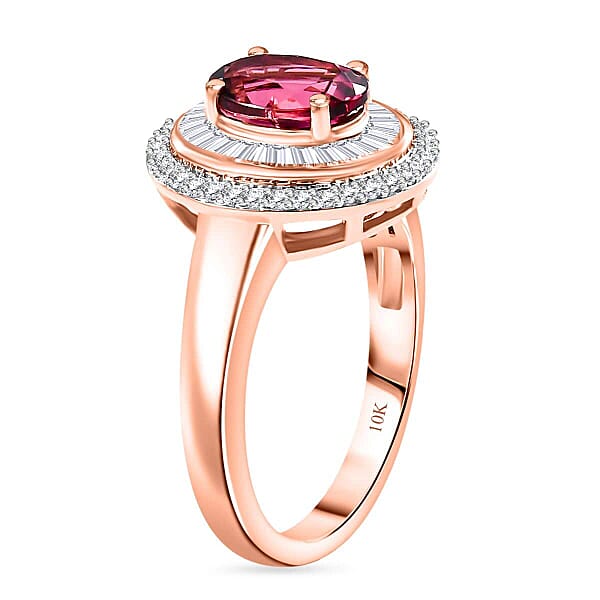 Luxoro AAA Ouro Fino Rubellite And G-H I2 Diamond 1.90 Ctw Double Halo Ring In 10K Rose Gold 4.25 Grams