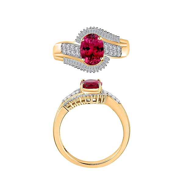 Luxoro AAA Ouro Fino Rubellite And G-H I2 Diamond 1.76 Ctw Ring In 14K Yellow Gold (Size 10.0) (Del. In 10-12 Days)