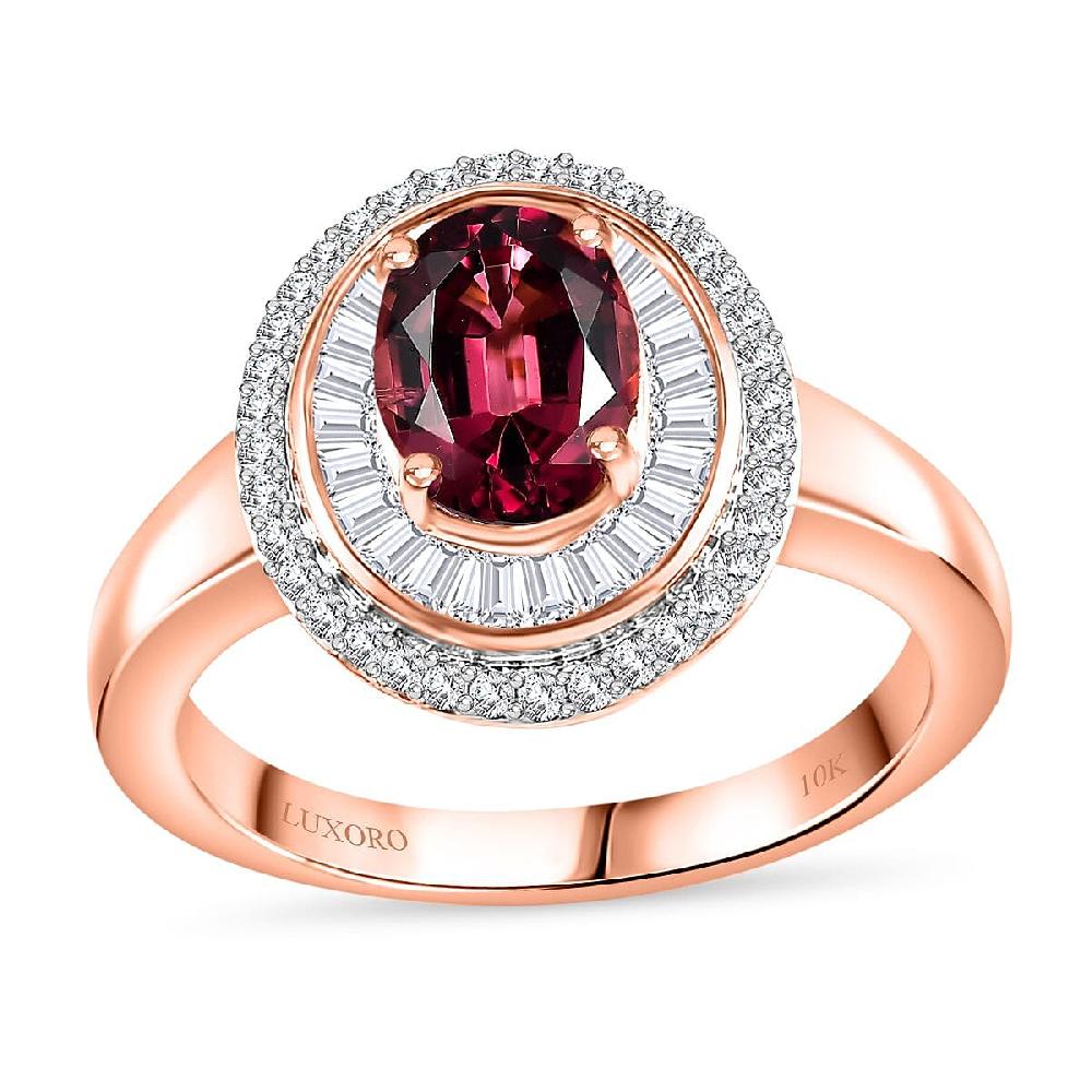 Luxoro AAA Ouro Fino Rubellite and G-H I2 Diamond 1.90 ctw Double Halo Ring in 10K Rose Gold 4.25 Grams