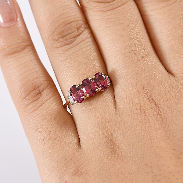 Luxoro AAA Ouro Fino Rubellite And G-H SI Diamond 2.00 Ctw Trilogy Ring In 14K Yellow Gold