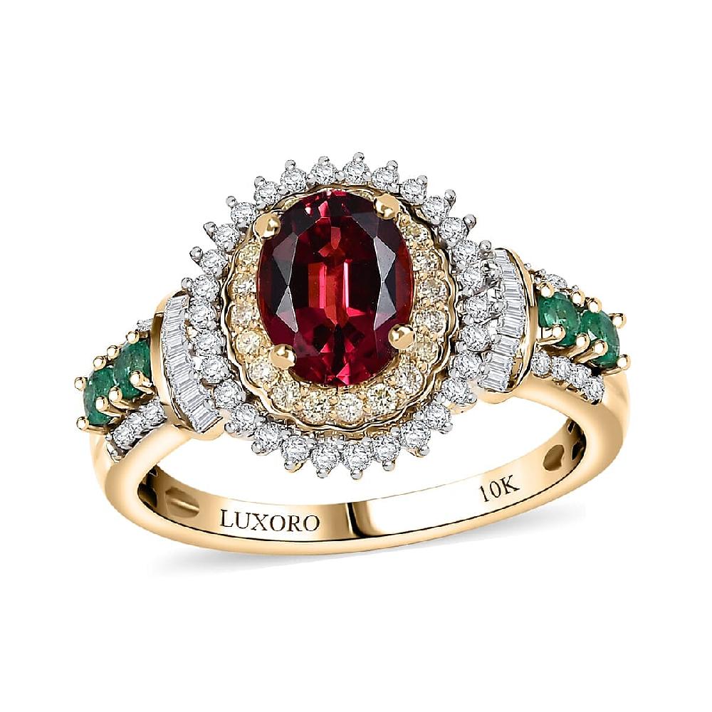 Luxoro AAA Ouro Fino Rubellite Colombian Emerald I2 Natural Yellow and White Diamond 2.20 ctw Regal Bloom Ring in 10K Yellow Gold