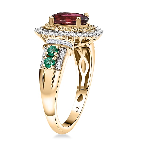 Luxoro AAA Ouro Fino Rubellite Colombian Emerald I2 Natural Yellow And White Diamond 2.20 Ctw Regal Bloom Ring In 10K Yellow Gold