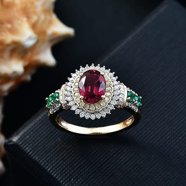 Luxoro AAA Ouro Fino Rubellite Colombian Emerald I2 Natural Yellow And White Diamond 2.20 Ctw Regal Bloom Ring In 10K Yellow Gold