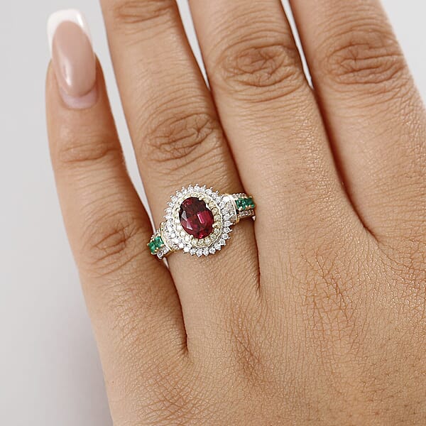 Luxoro AAA Ouro Fino Rubellite Colombian Emerald I2 Natural Yellow And White Diamond 2.20 Ctw Regal Bloom Ring In 10K Yellow Gold