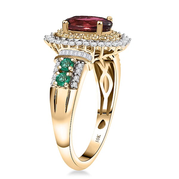 Luxoro AAA Ouro Fino Rubellite Colombian Emerald I2 Natural Yellow And White Diamond 2.20 Ctw Regal Bloom Ring In 10K Yellow Gold