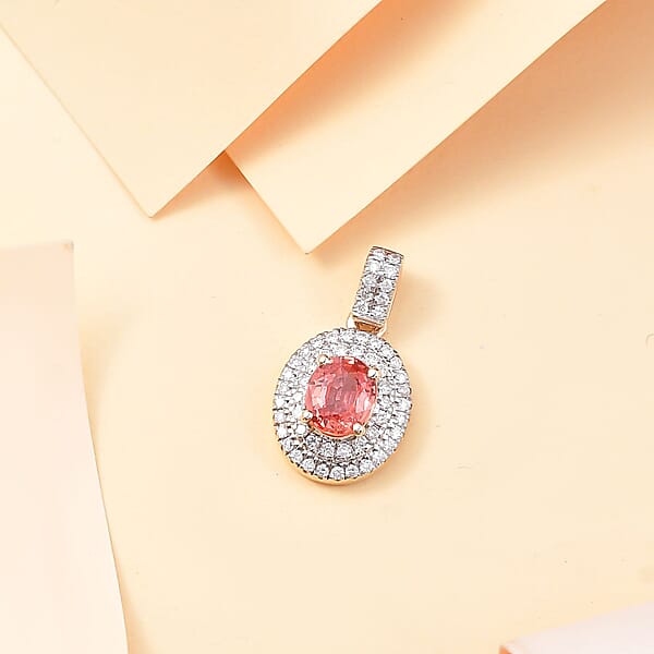 Luxoro AAA Padparadscha Sapphire (BT) And G-H I2 Diamond 1.40 Ctw Double Halo Pendant Without Chain In 14K Yellow Gold