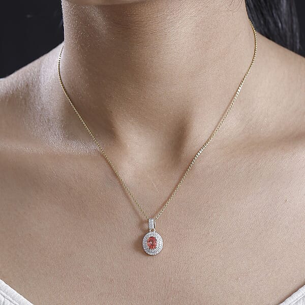 Luxoro AAA Padparadscha Sapphire (BT) And G-H I2 Diamond 1.40 Ctw Double Halo Pendant Without Chain In 14K Yellow Gold