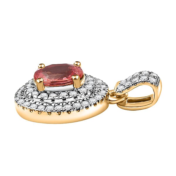 Luxoro AAA Padparadscha Sapphire (BT) And G-H I2 Diamond 1.40 Ctw Double Halo Pendant Without Chain In 14K Yellow Gold