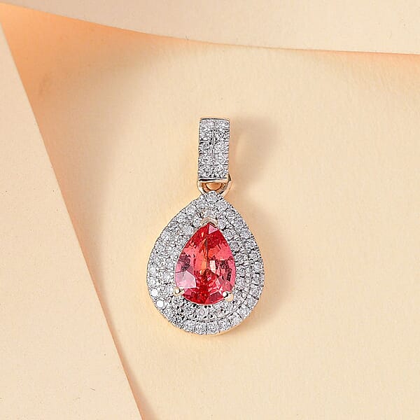 Luxoro AAA Padparadscha Sapphire (BT) And G-H I2 Diamond 1.40 Ctw Double Halo Pendant Without Chain In 14K Yellow Gold