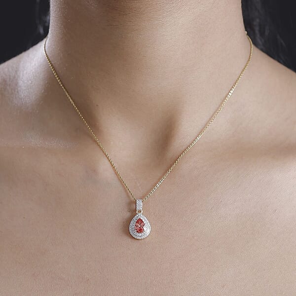 Luxoro AAA Padparadscha Sapphire (BT) And G-H I2 Diamond 1.40 Ctw Double Halo Pendant Without Chain In 14K Yellow Gold