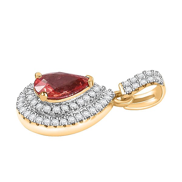 Luxoro AAA Padparadscha Sapphire (BT) And G-H I2 Diamond 1.40 Ctw Double Halo Pendant Without Chain In 14K Yellow Gold