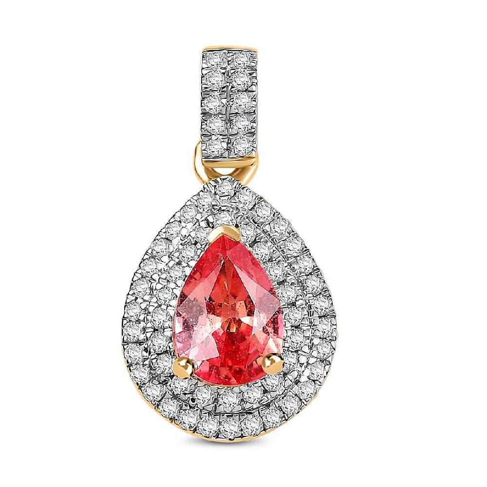 Luxoro AAA Padparadscha Sapphire (BT) and G-H I2 Diamond 1.40 ctw Double Halo Pendant without Chain in 14K Yellow Gold