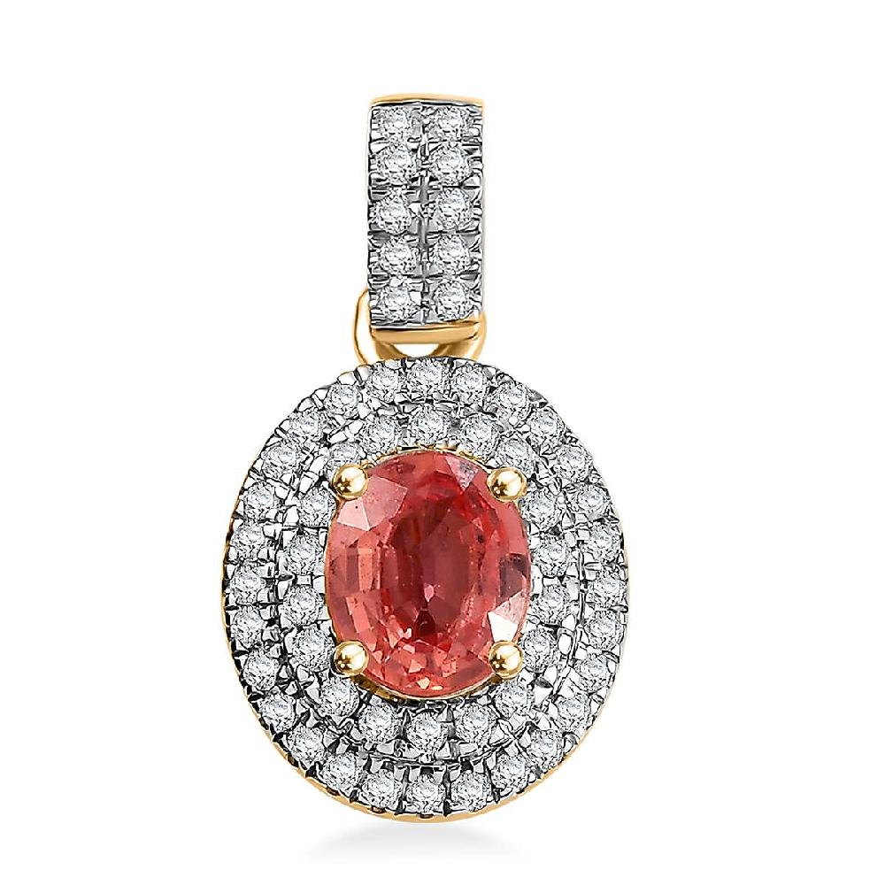 Luxoro AAA Padparadscha Sapphire (BT) And G-H I2 Diamond 1.40 Ctw Double Halo Pendant Without Chain In 14K Yellow Gold