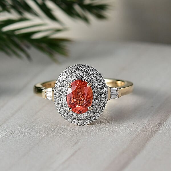 Luxoro AAA Padparadscha Sapphire Diamond Ring In 14K Yellow Gold 1.35 Ctw