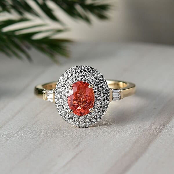 Luxoro AAA Padparadscha Sapphire Diamond Ring In 14K Yellow Gold 1.35 Ctw