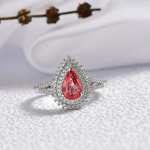 Luxoro AAA Padparadscha Sapphire Diamond Ring In 14K White Gold 1.80 Ctw