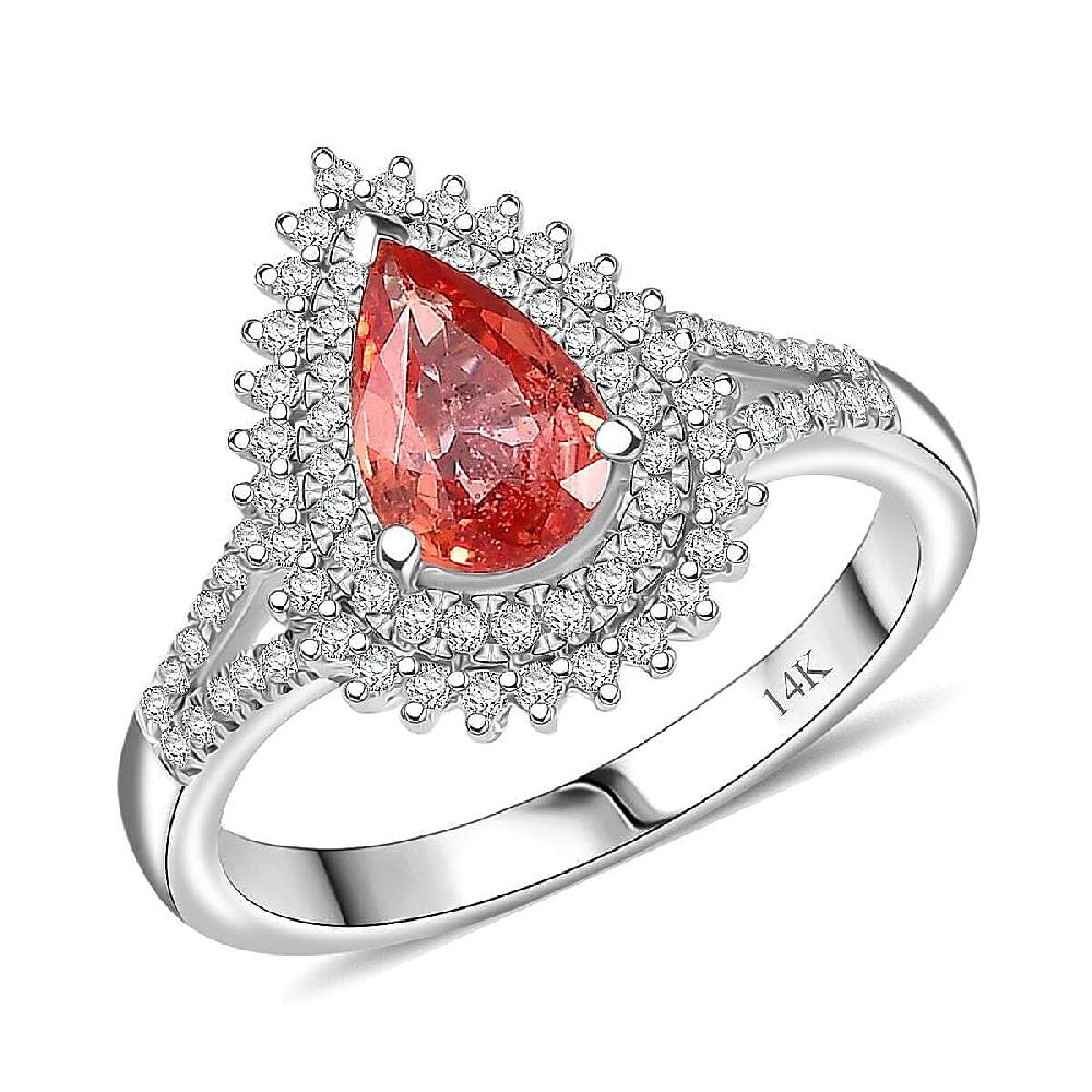 Luxoro AAA Padparadscha Sapphire Diamond Ring in 14K White Gold 1.80 ctw