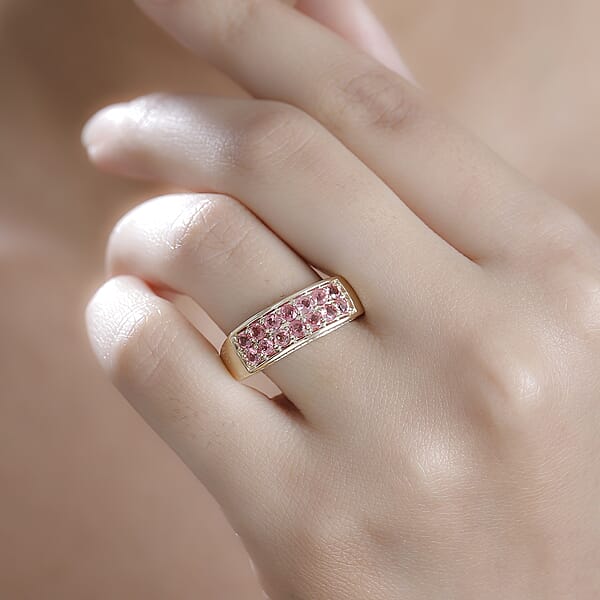 Luxoro AAA Padparadscha Spinel Diamond Double Row Ring In 10K Yellow Gold 1.40 Ctw