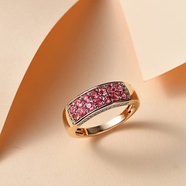 Luxoro AAA Padparadscha Spinel Diamond Double Row Ring In 10K Yellow Gold 1.40 Ctw