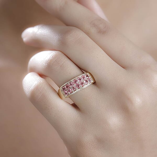 Luxoro AAA Padparadscha Spinel Diamond Double Row Ring In 10K Yellow Gold 1.40 Ctw