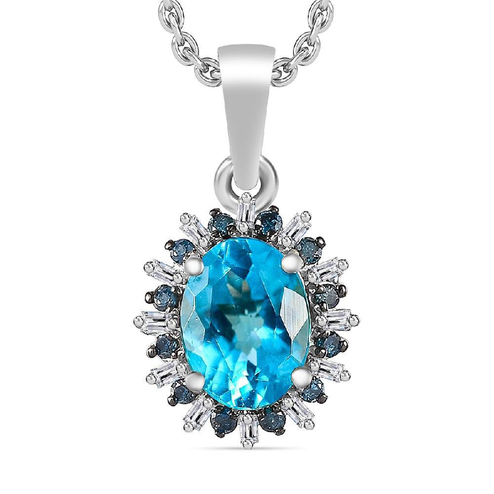 Luxoro AAA Paraiba Apatite Blue Diamond and I2 Diamond 1.38 ctw Pendant Necklace in 10K White Gold 20 Inches (Del. in 10-12 Days)